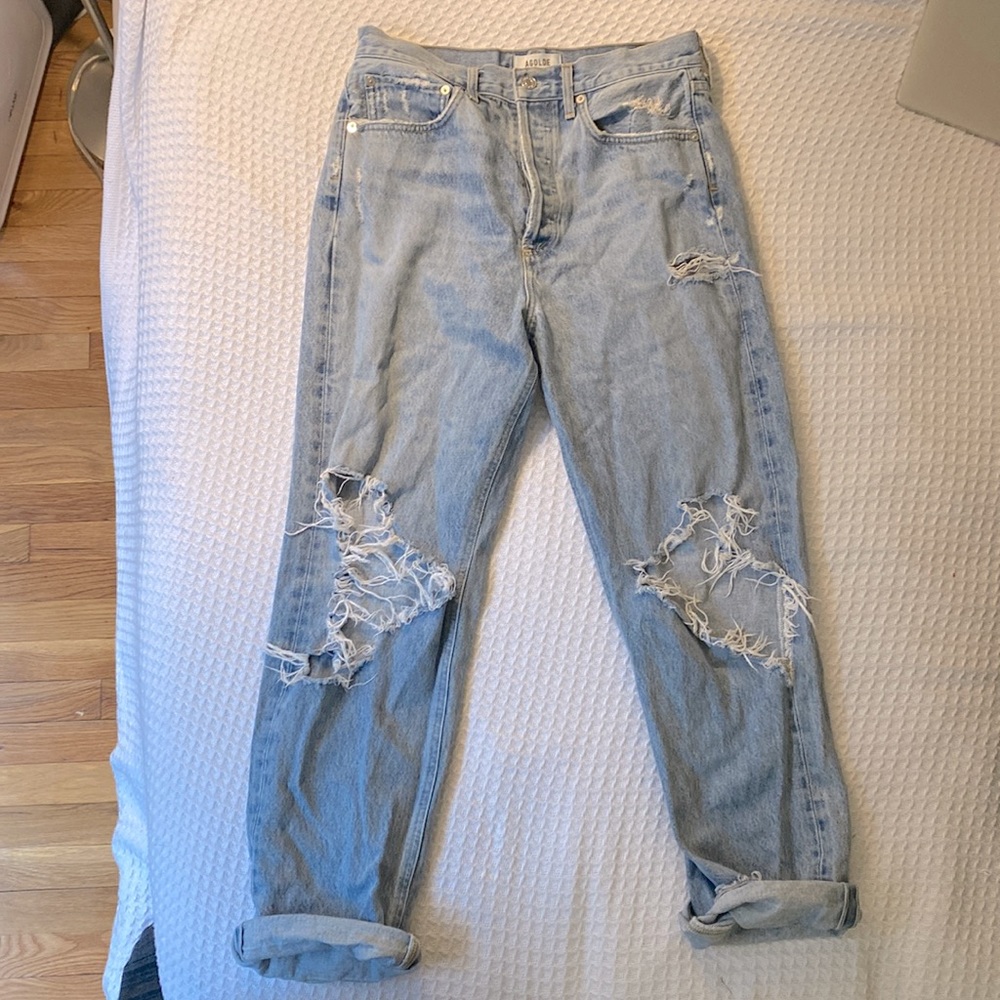 AGOLDE DISTRESSED BAGGY HIGH-WAISTED DENIM JEANS. Size 27.